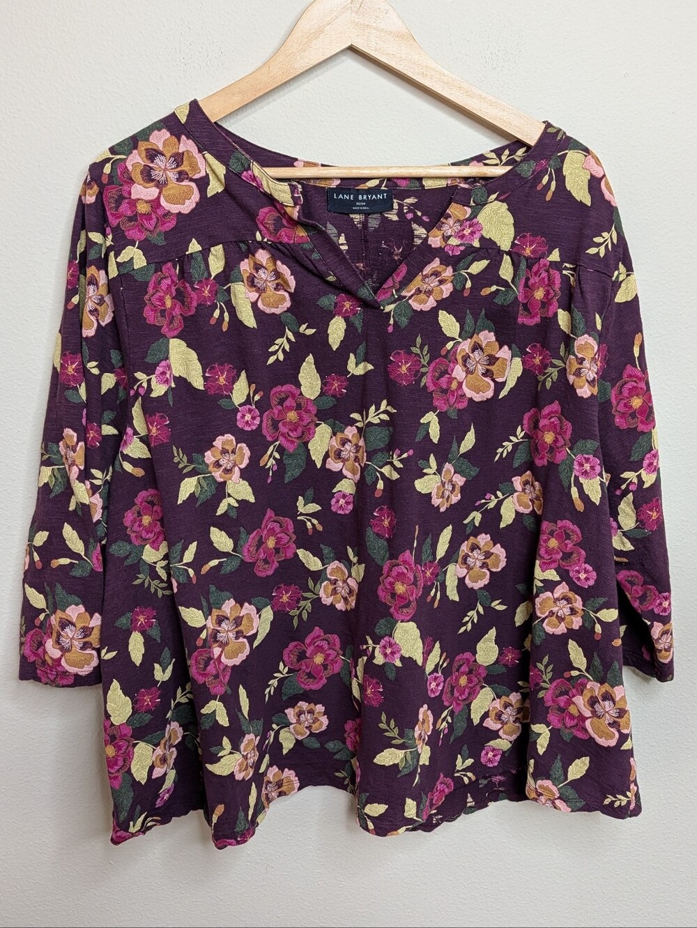 Lane Bryant Plum Floral Print Top 3/4 Sleeve V-Neck Cotton Plus Size 22/24